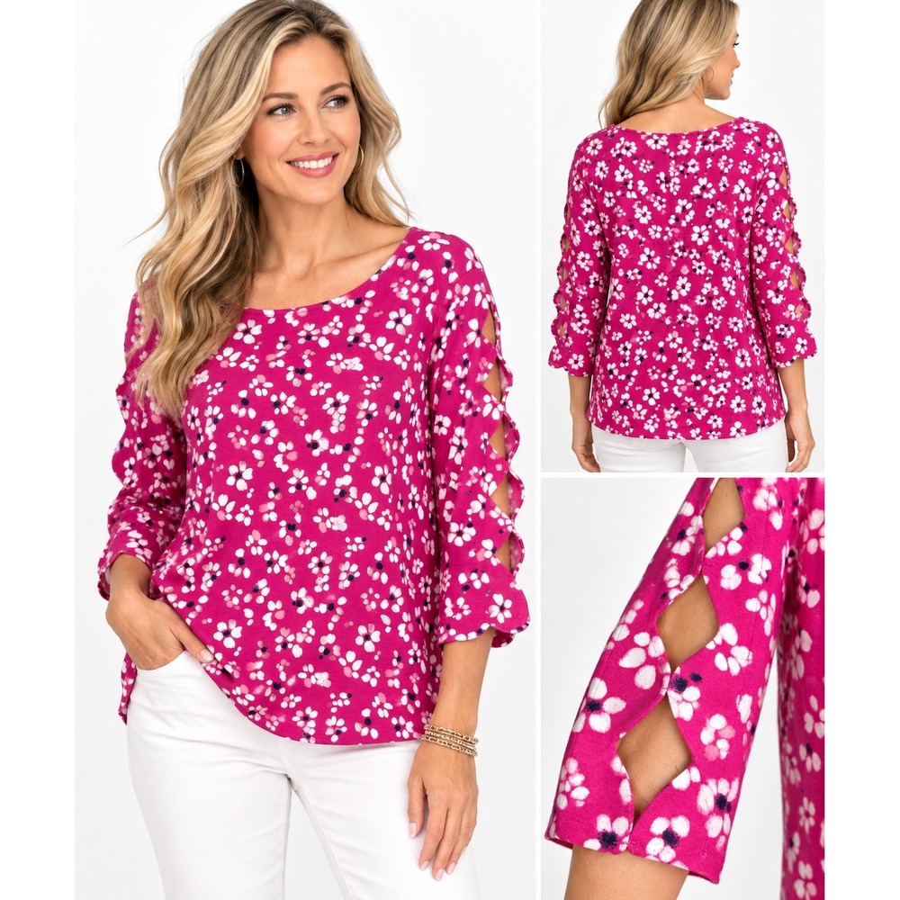 Kim Rogers Curvy Floral Top Womens 2X Pink Lattice Cutout Sleeves NWT